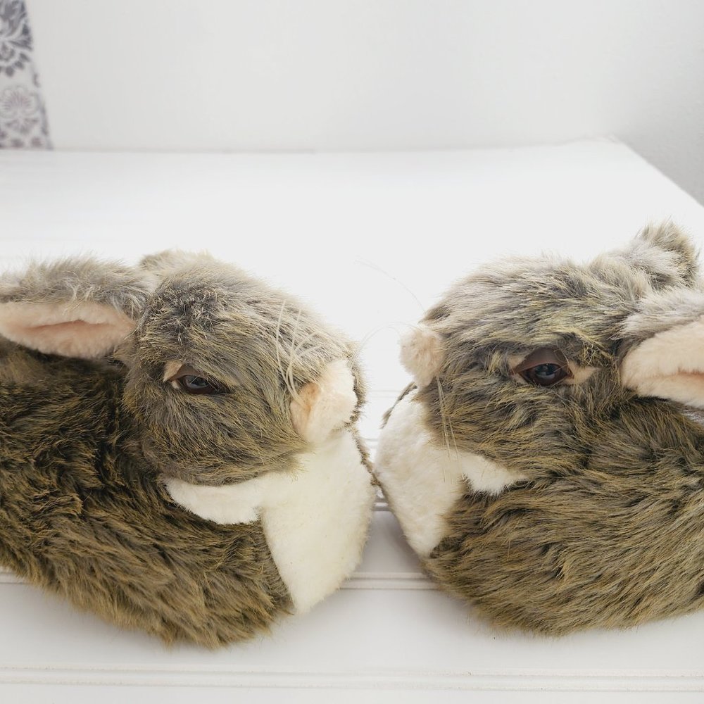 Novelty Plush Slippers Rabbit/ Bunny Faux Fur Brown and Tan Size M (7-8)